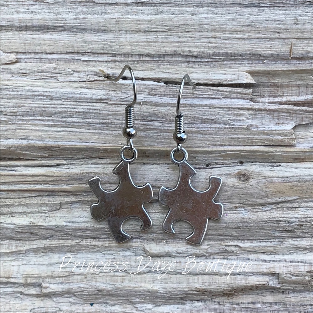 Silver Puzzle Piece Dangle Earrings